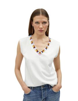 Lola Casademunt Camiseta Cuello Pico Pedrería Blan