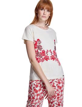 Alba Conde Camiseta Blanca estampado floral rojo