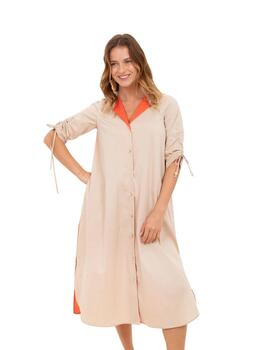 Anna Mora Vestido Camisero Beige y Naranja