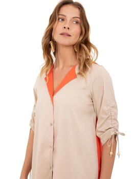 Anna Mora Vestido Camisero Beige y Naranja