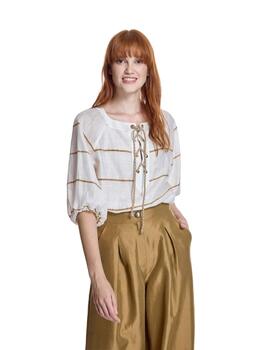 Alba Conde Blusa de lino de rayas Blanca