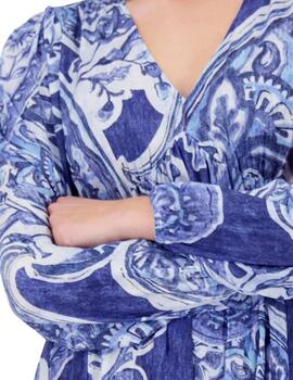 Monari Vestido largo manga larga azul estampado