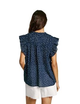 Pepe Jeans Blusa azul marino lunares con volantes