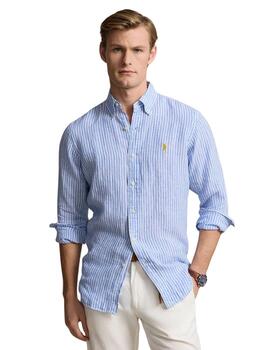 Ralph Lauren Camisa de lino de rayas Custom Fit Azul Blanco
