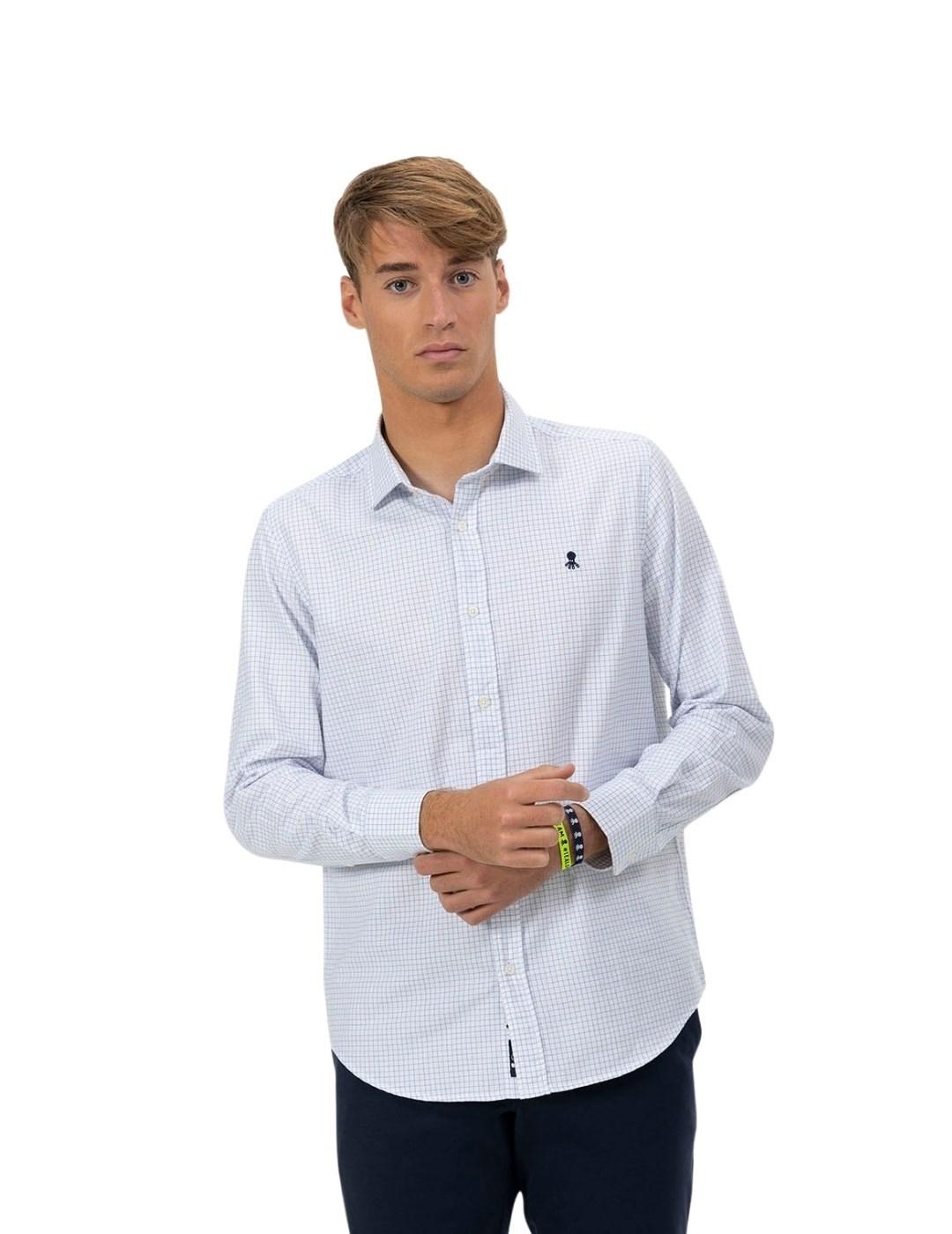 El Pulpo Camisa Popelin Blanca Minicuadro Azul Mar
