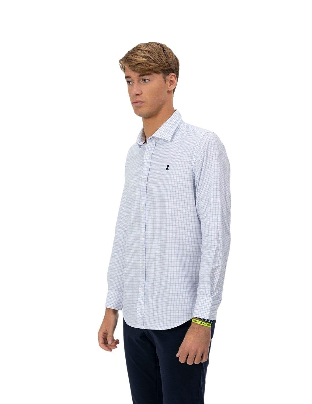 El Pulpo Camisa Popelin Blanca Minicuadro Azul Mar