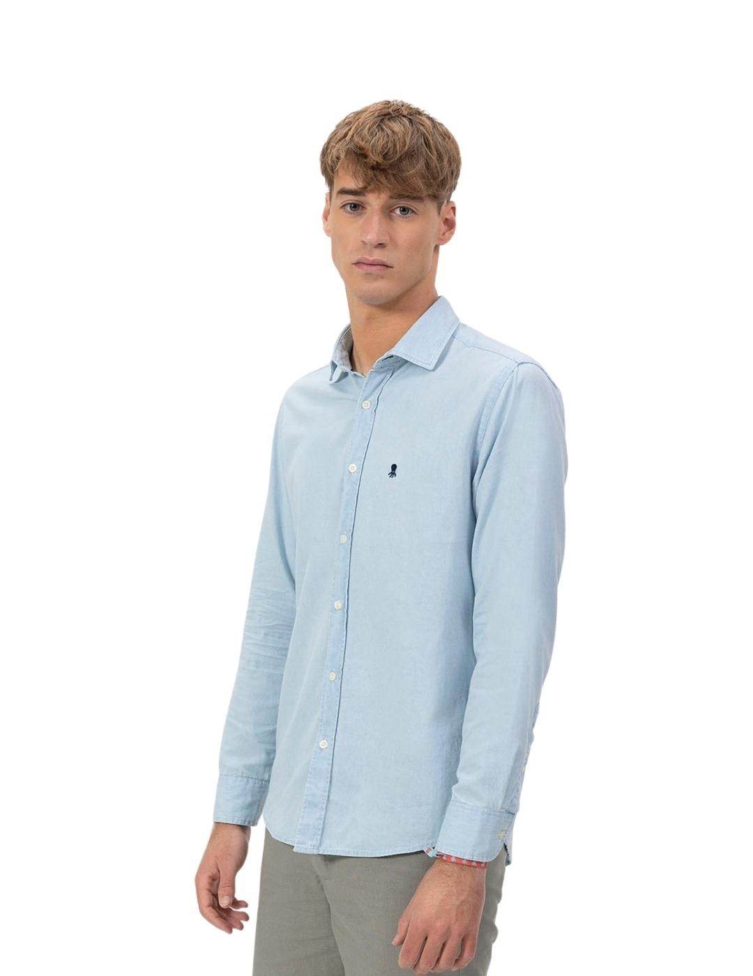 El Pulpo Camisa Cuello Italiano Denim Índigo Bleac