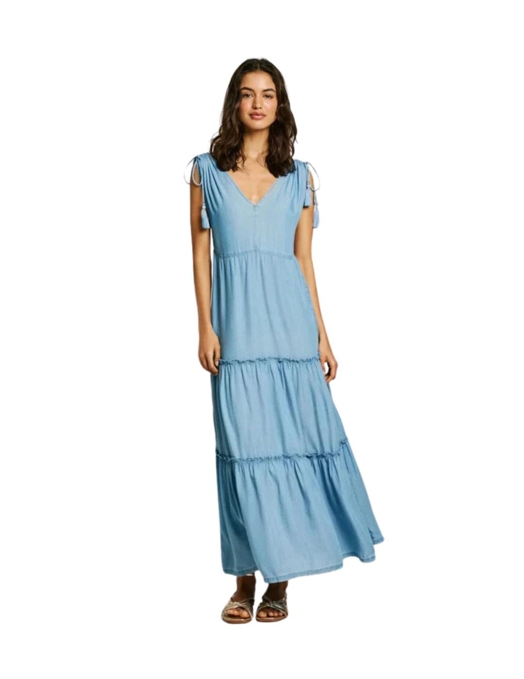 Pepe Jeans Vestido Azul largo cuello pico