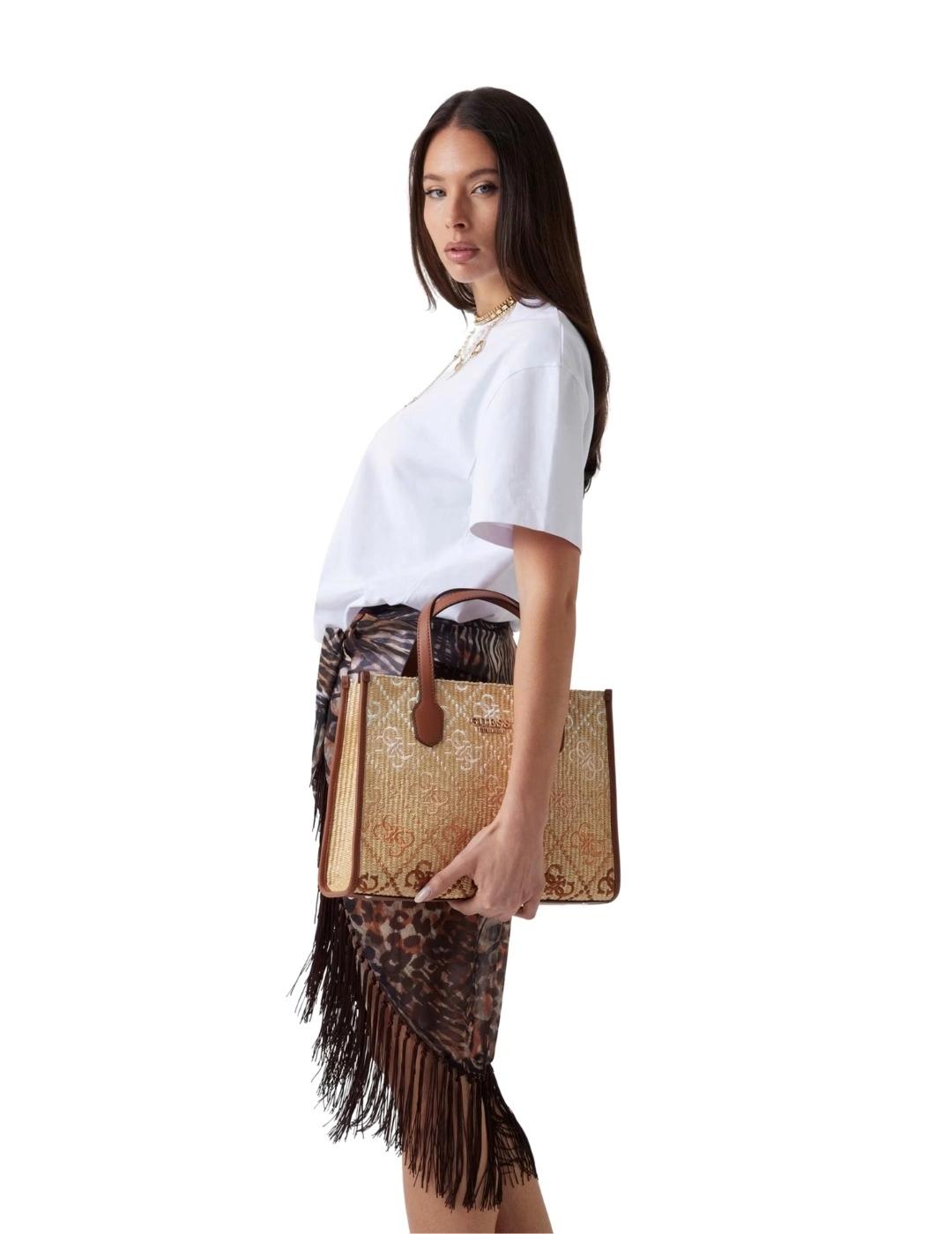 Guess Bolso Silvana 2 Comp Tote Cognac Logo