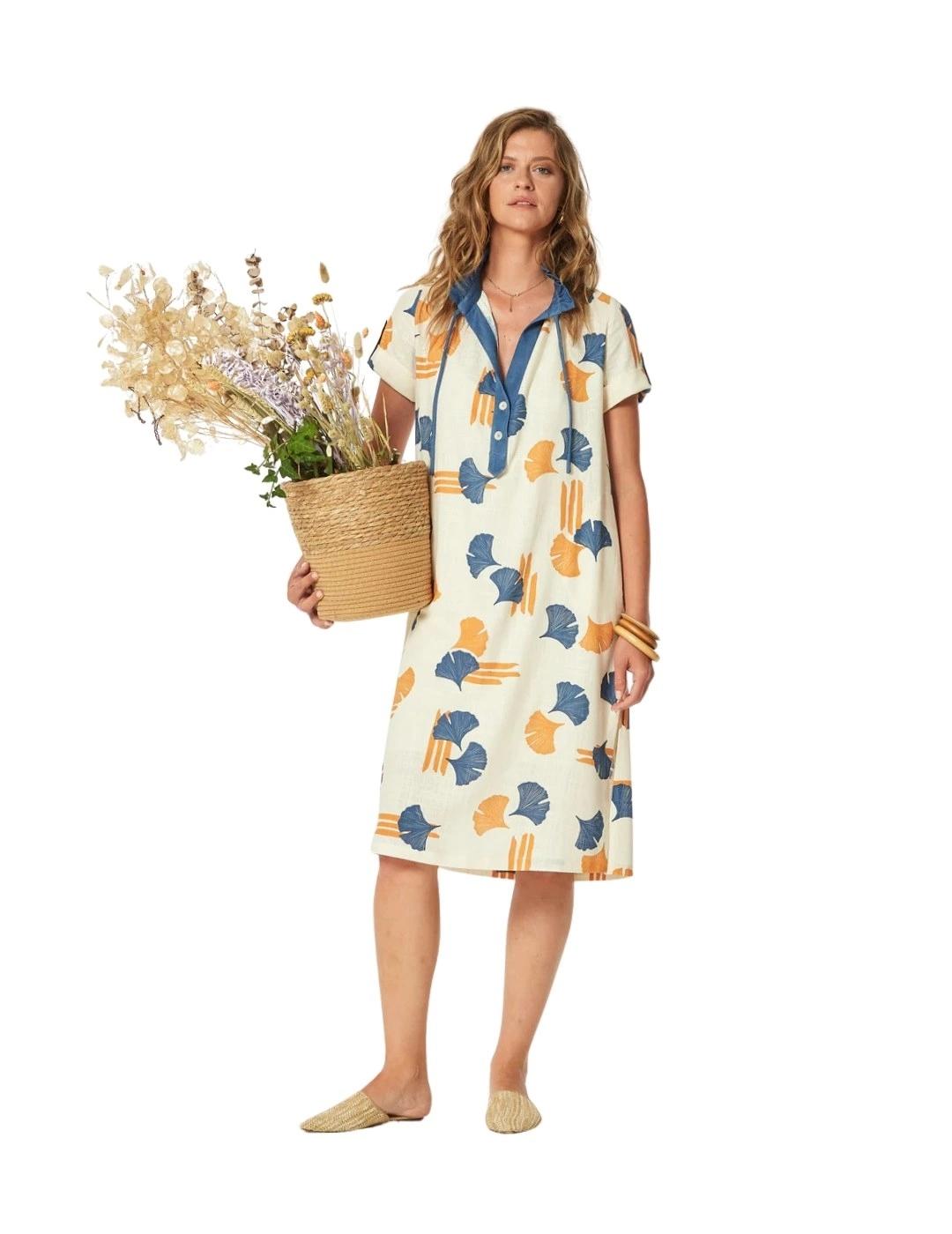 Oky Vestido Goldar Lino Estampado Flor Bicolor