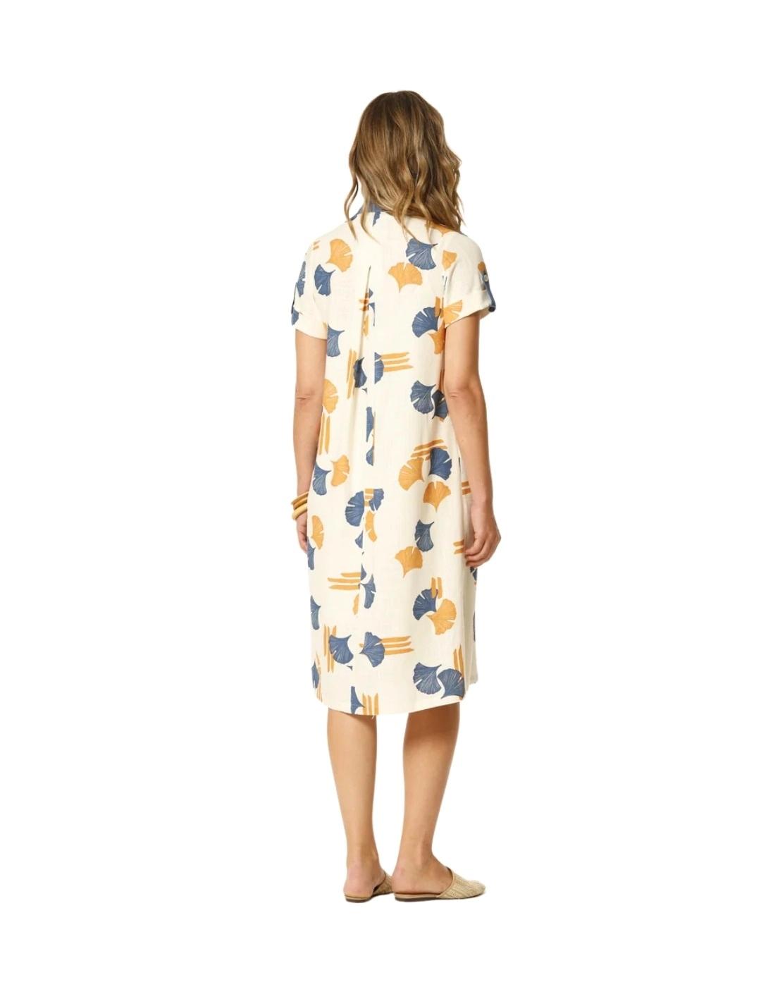 Oky Vestido Goldar Lino Estampado Flor Bicolor