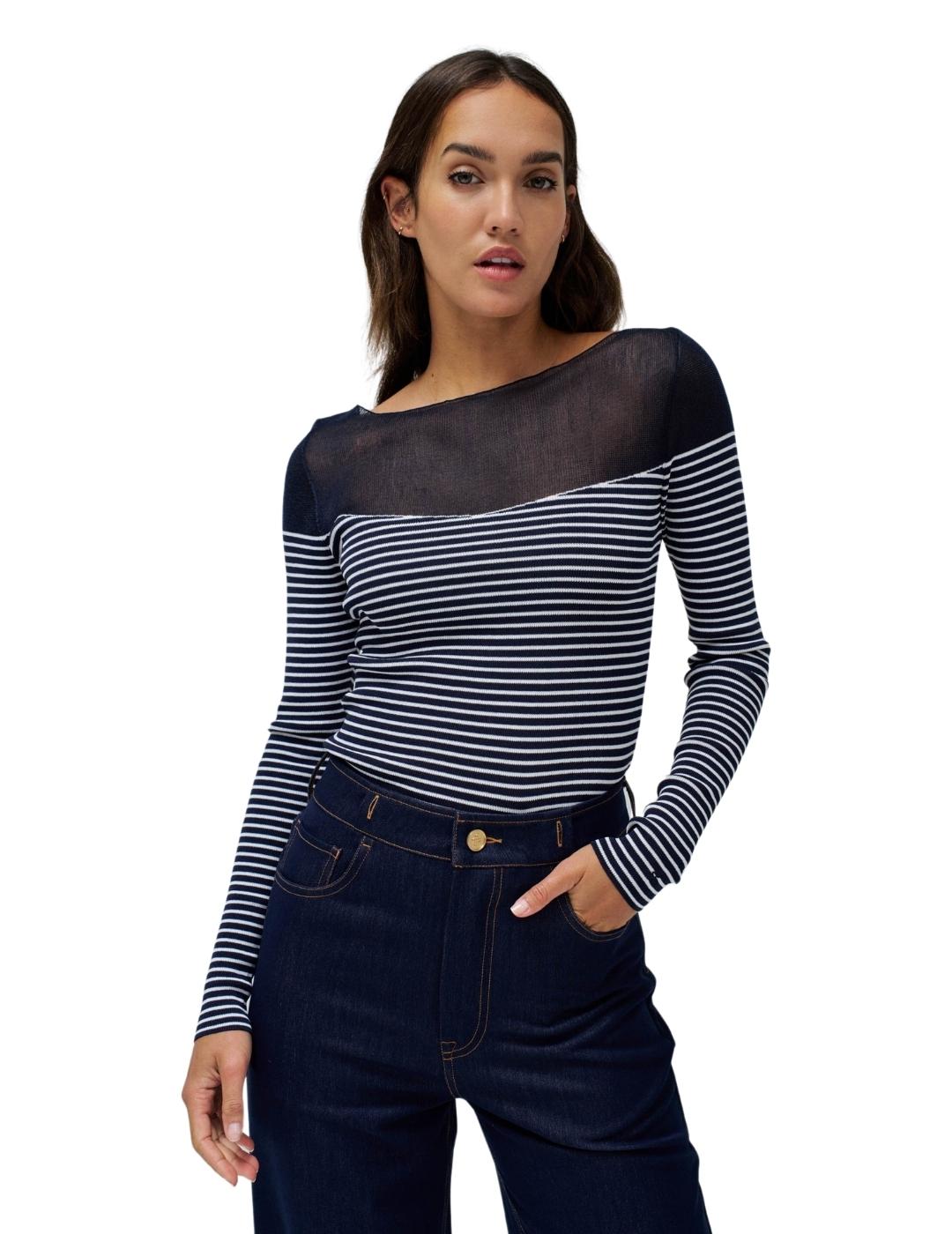 Salsa Jeans Jersey Azul de rayas con transparencia