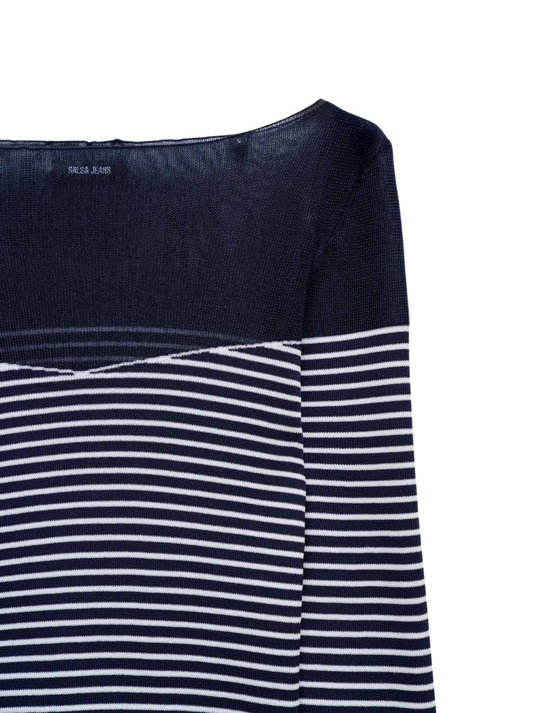 Salsa Jeans Jersey Azul de rayas con transparencia