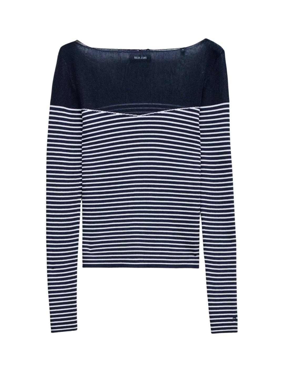 Salsa Jeans Jersey Azul de rayas con transparencia