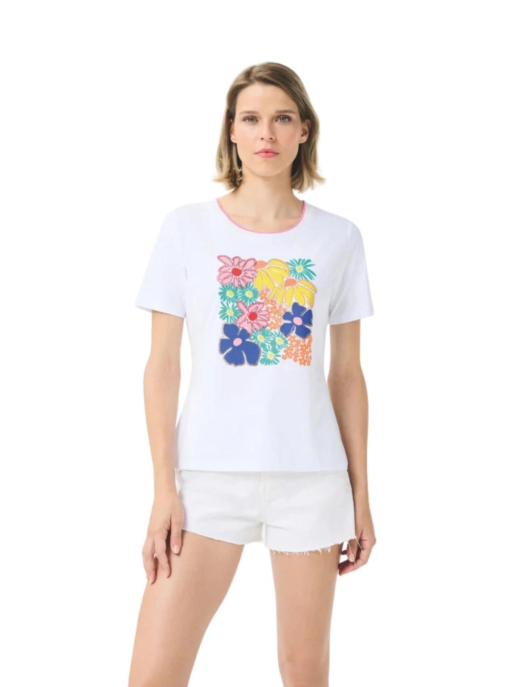 Leo & Ugo Camiseta blanca dibujo flores de colores