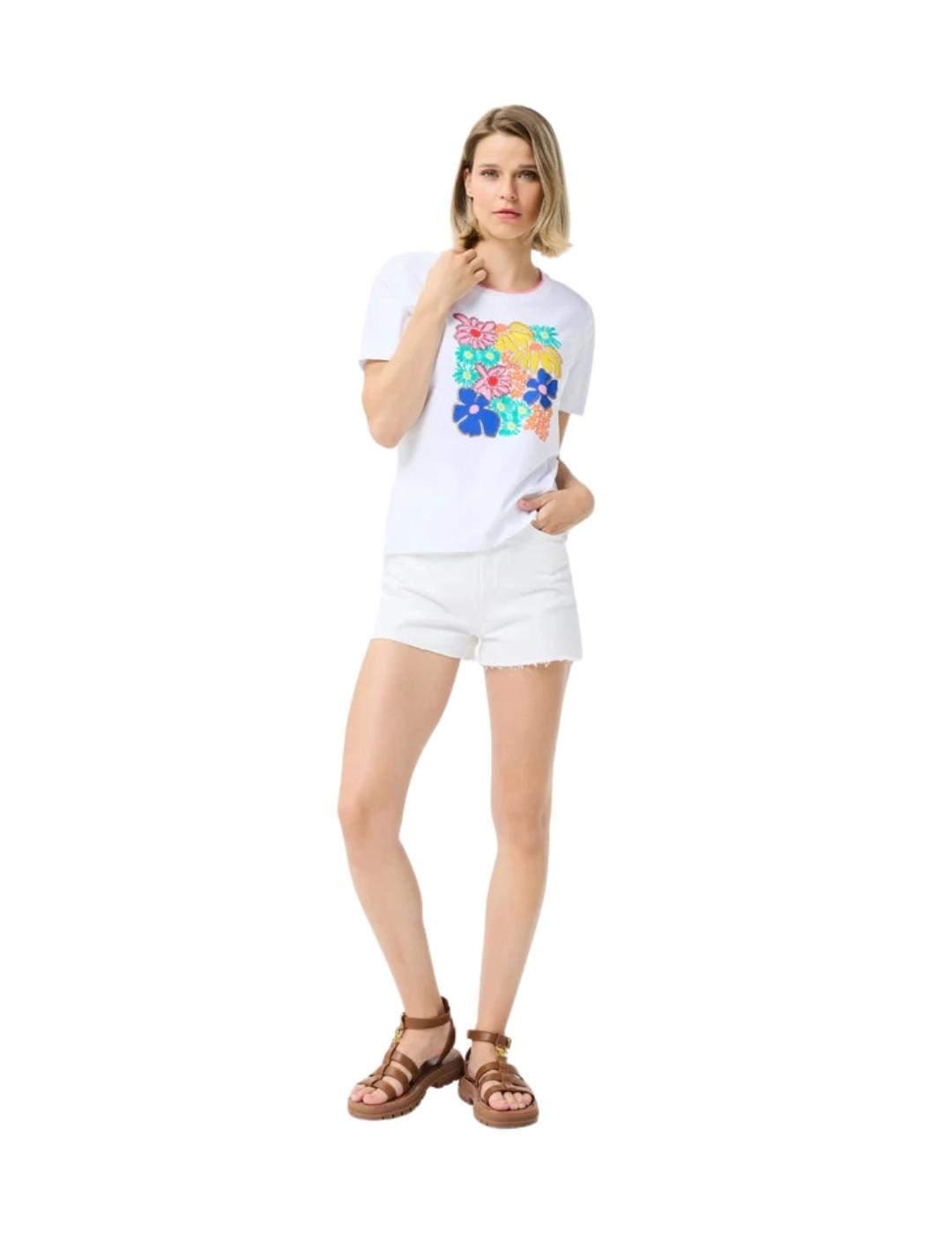 Leo & Ugo Camiseta blanca dibujo flores de colores