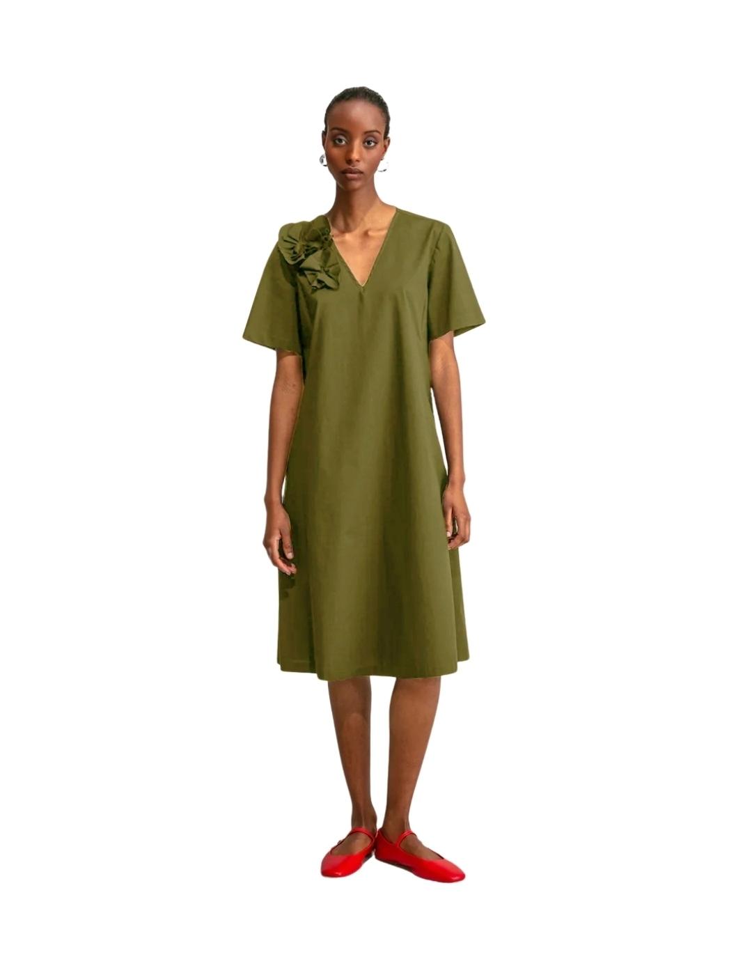 Maria Bellentani Vestido Verde Oliva Flor