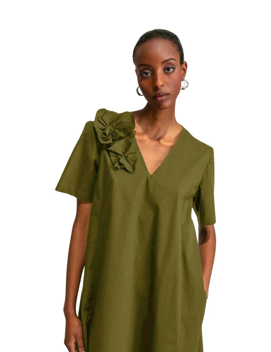 Maria Bellentani Vestido Verde Oliva Flor