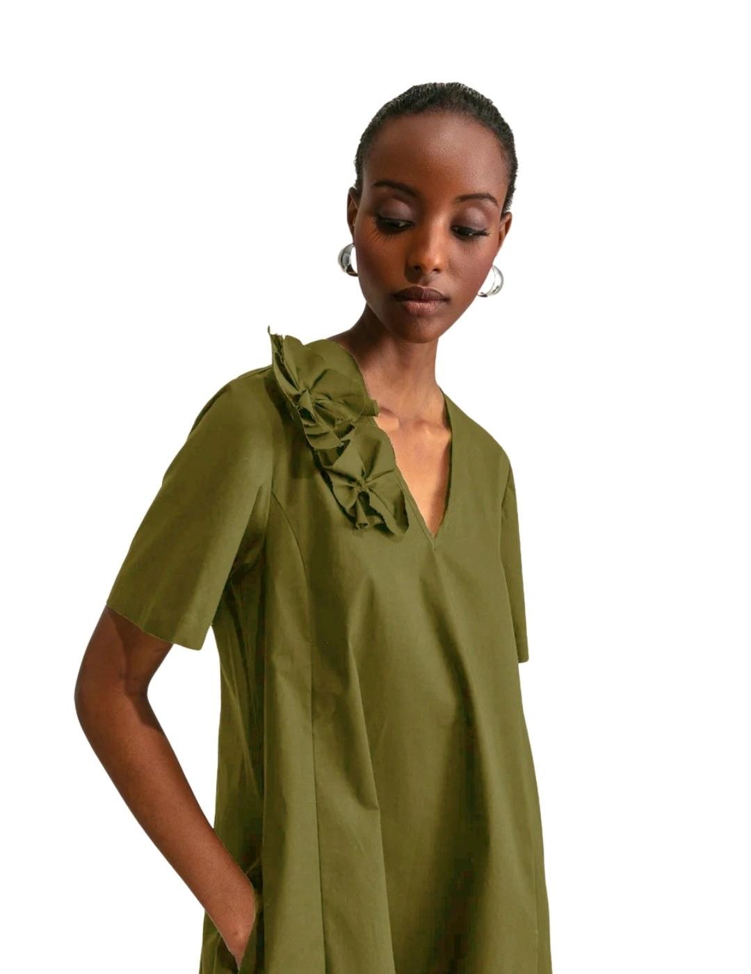 Maria Bellentani Vestido Verde Oliva Flor