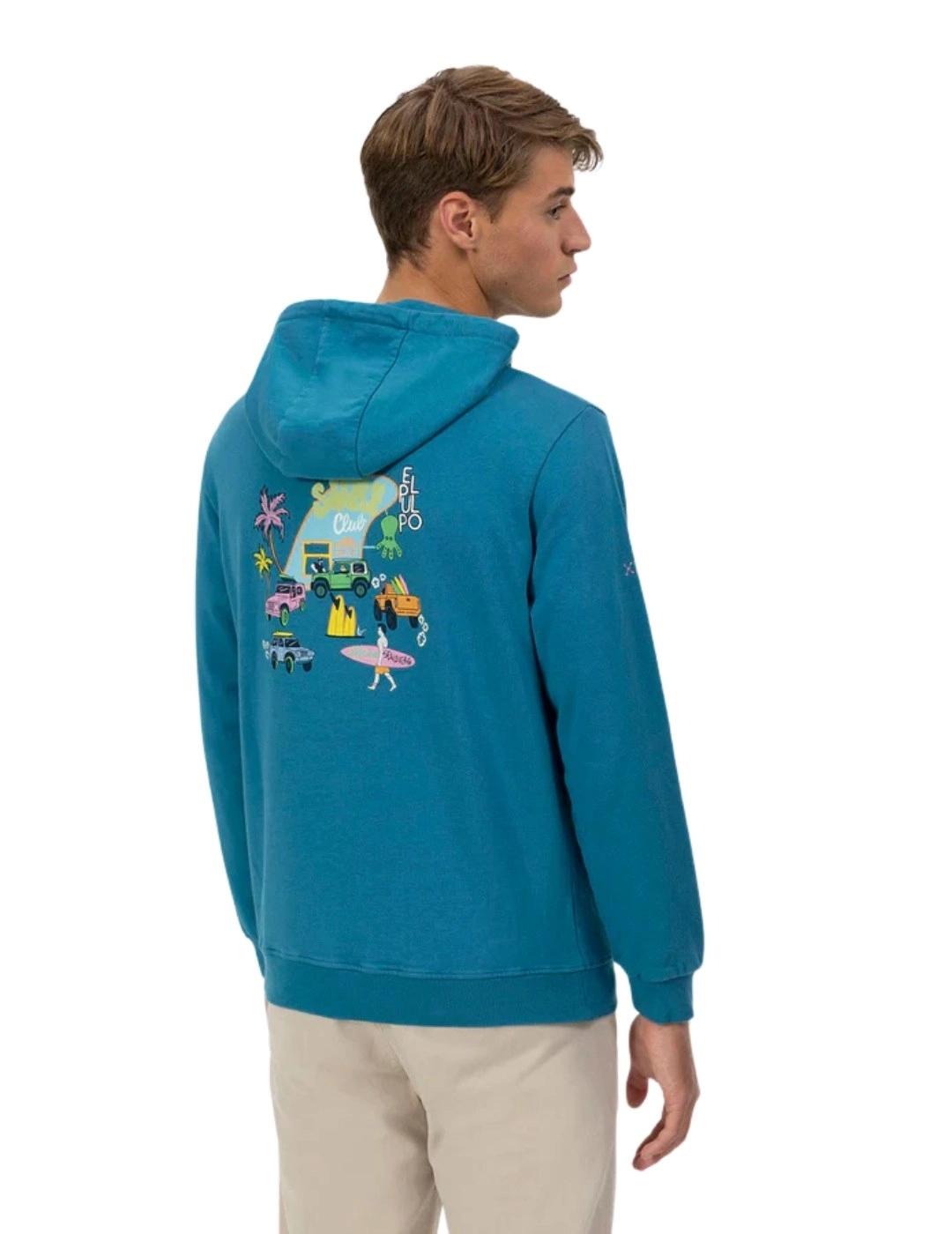 El Pulpo Sudadera Azul pick up surfboard