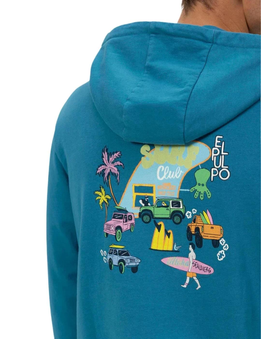 El Pulpo Sudadera Azul pick up surfboard