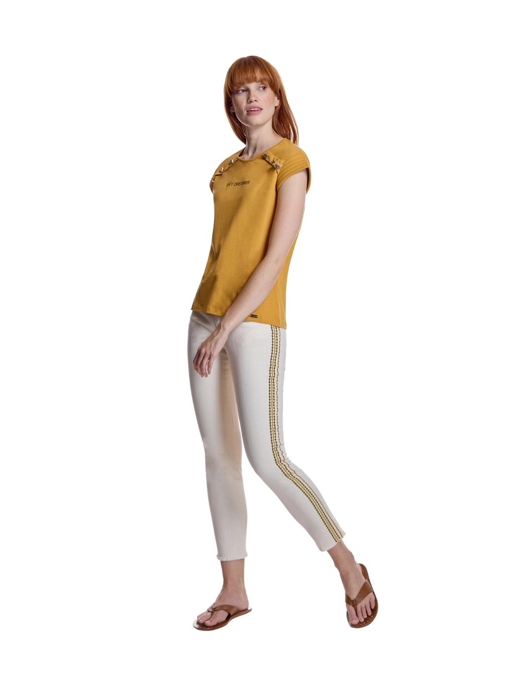 Alba Conde Pantalón Crudo con cenefa multicolor