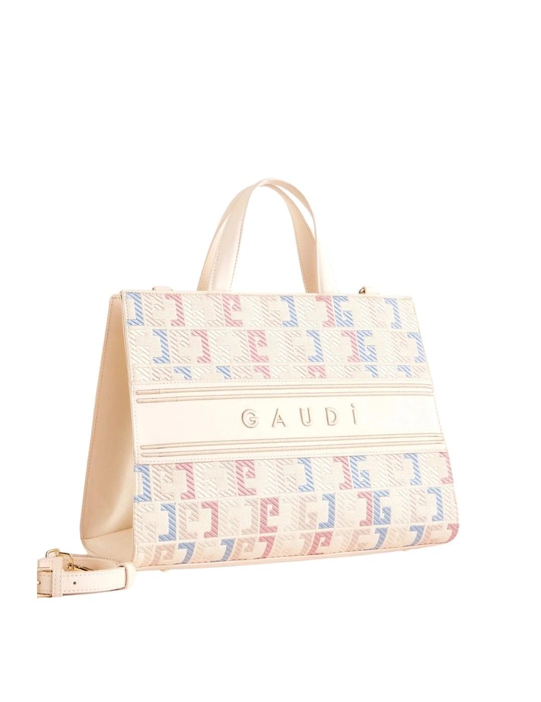 Gaudi Bolso crema con asa superior y logotipo