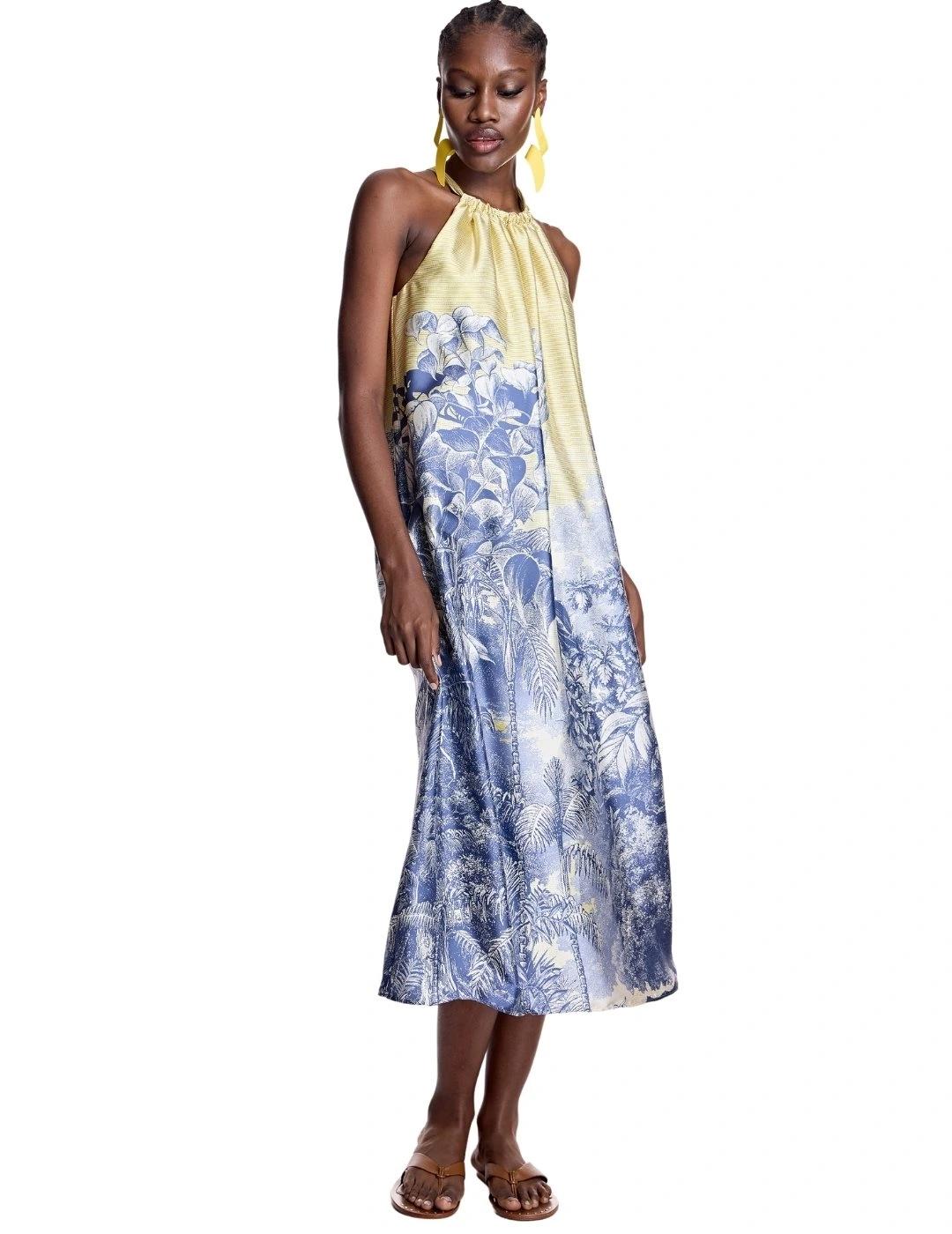 Alba Conde Vestido satinado estampado paisaje azul