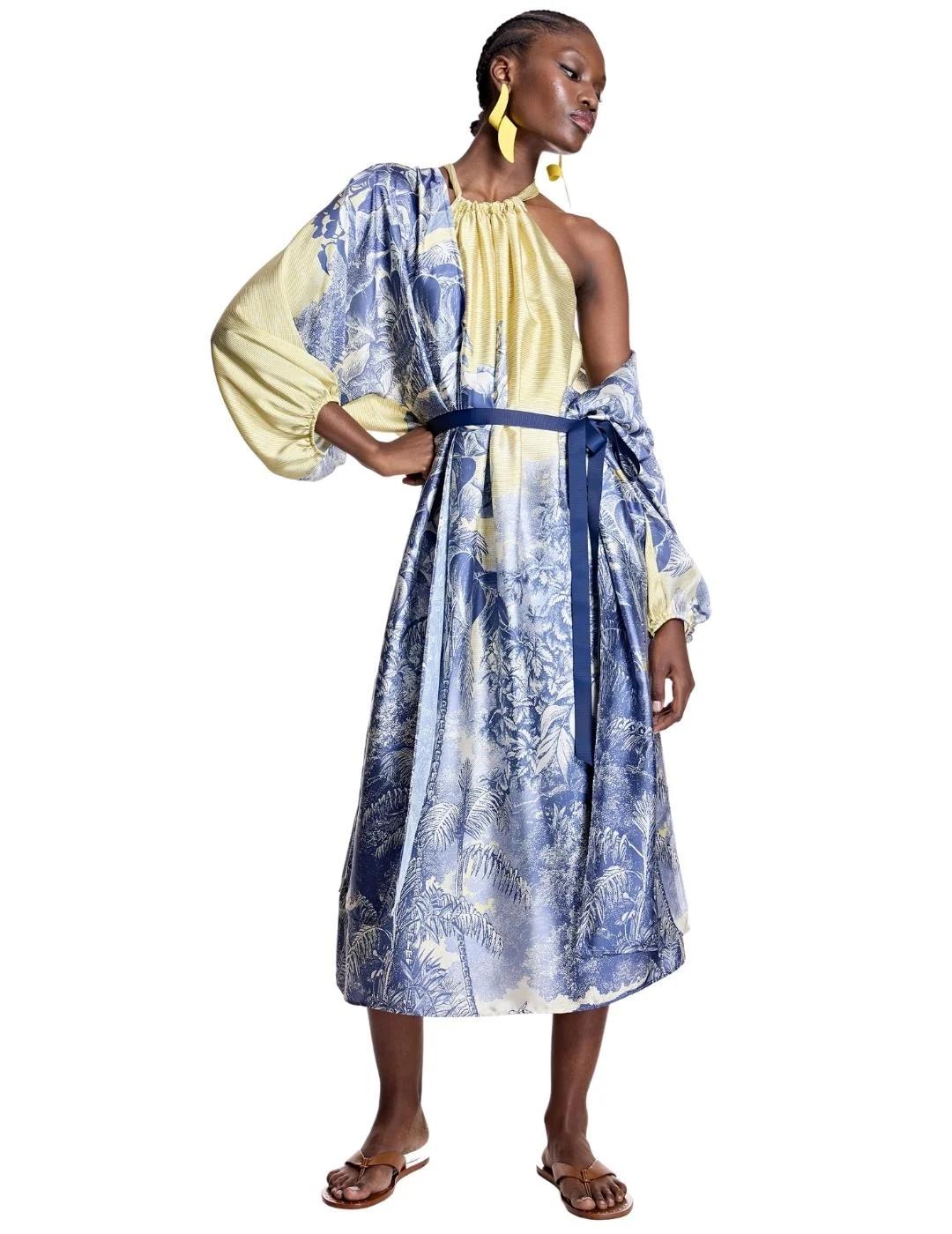 Alba Conde Vestido satinado estampado paisaje azul