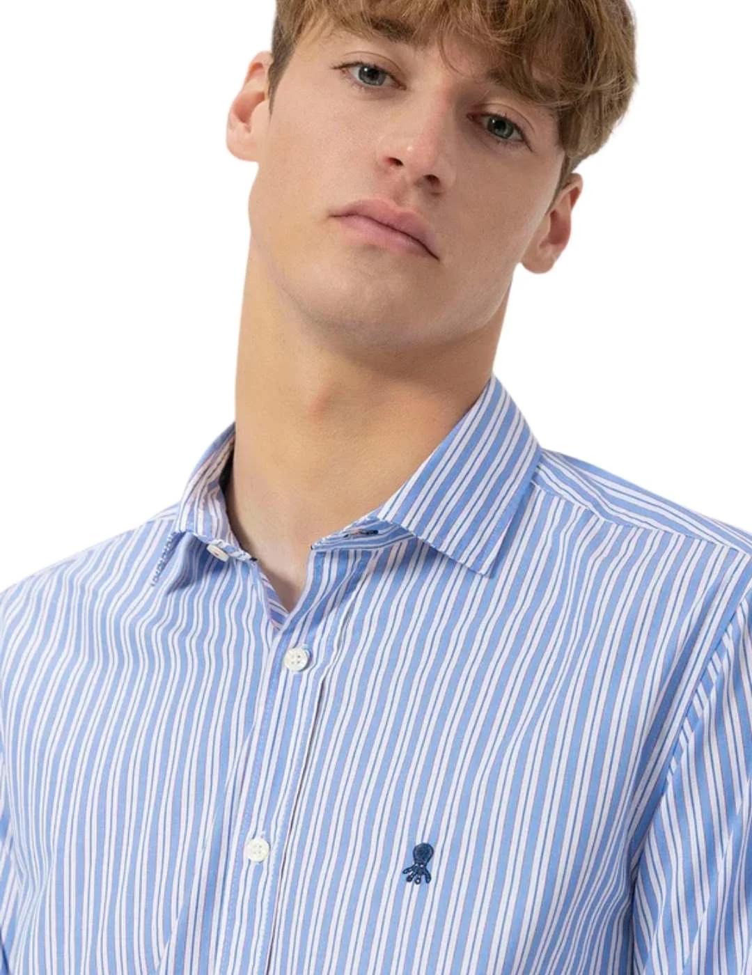 El Pulpo Camisa Cuello Italiano Popelín Rayas Azul