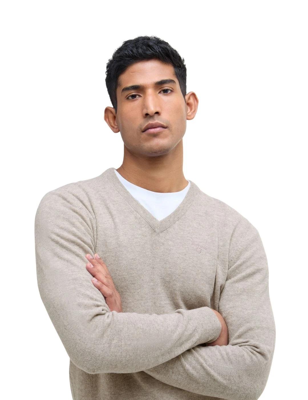 Barbour Jersey Beige cuello pico