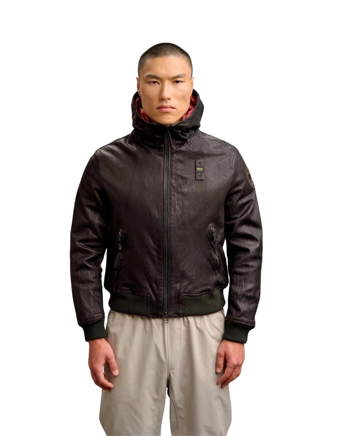 Blauer Chaqueta de cuero con capucha Marrón