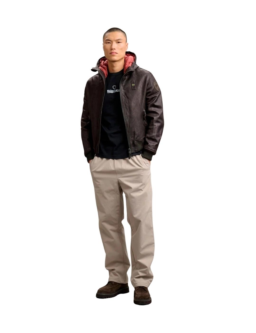 Blauer Chaqueta de cuero con capucha Marrón