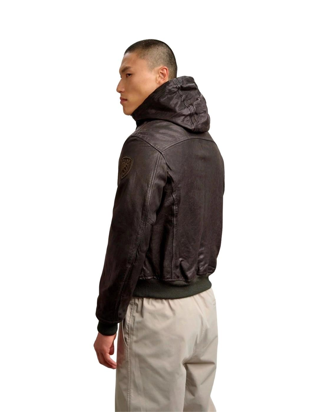 Blauer Chaqueta de cuero con capucha Marrón