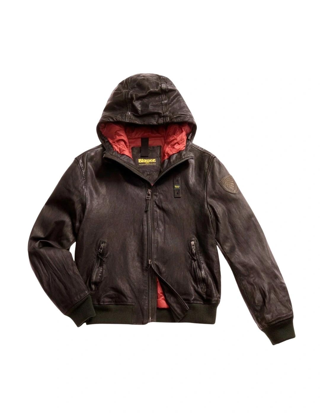 Blauer Chaqueta de cuero con capucha Marrón