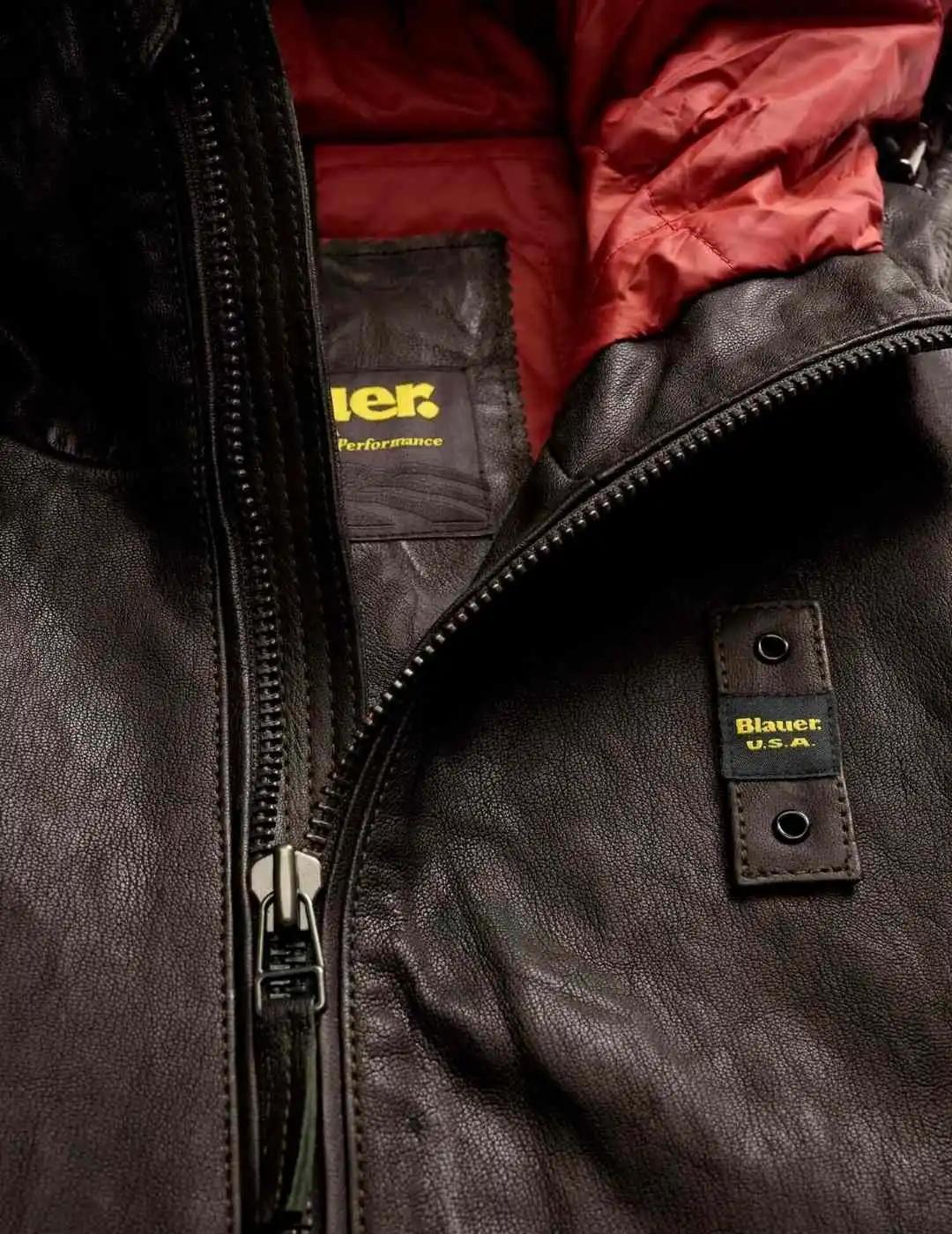 Blauer Chaqueta de cuero con capucha Marrón