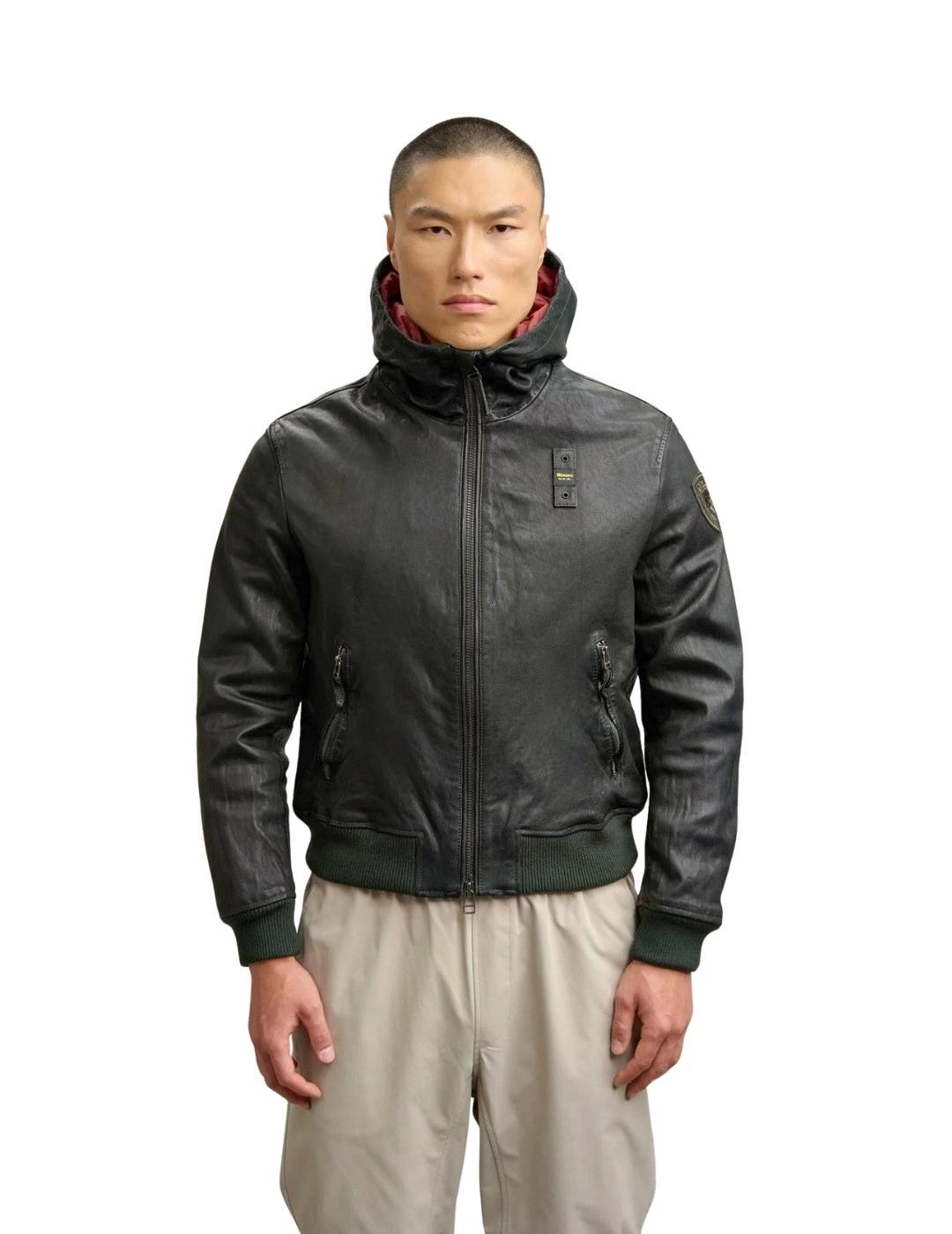 Blauer Chaqueta de cuero con capucha Verde