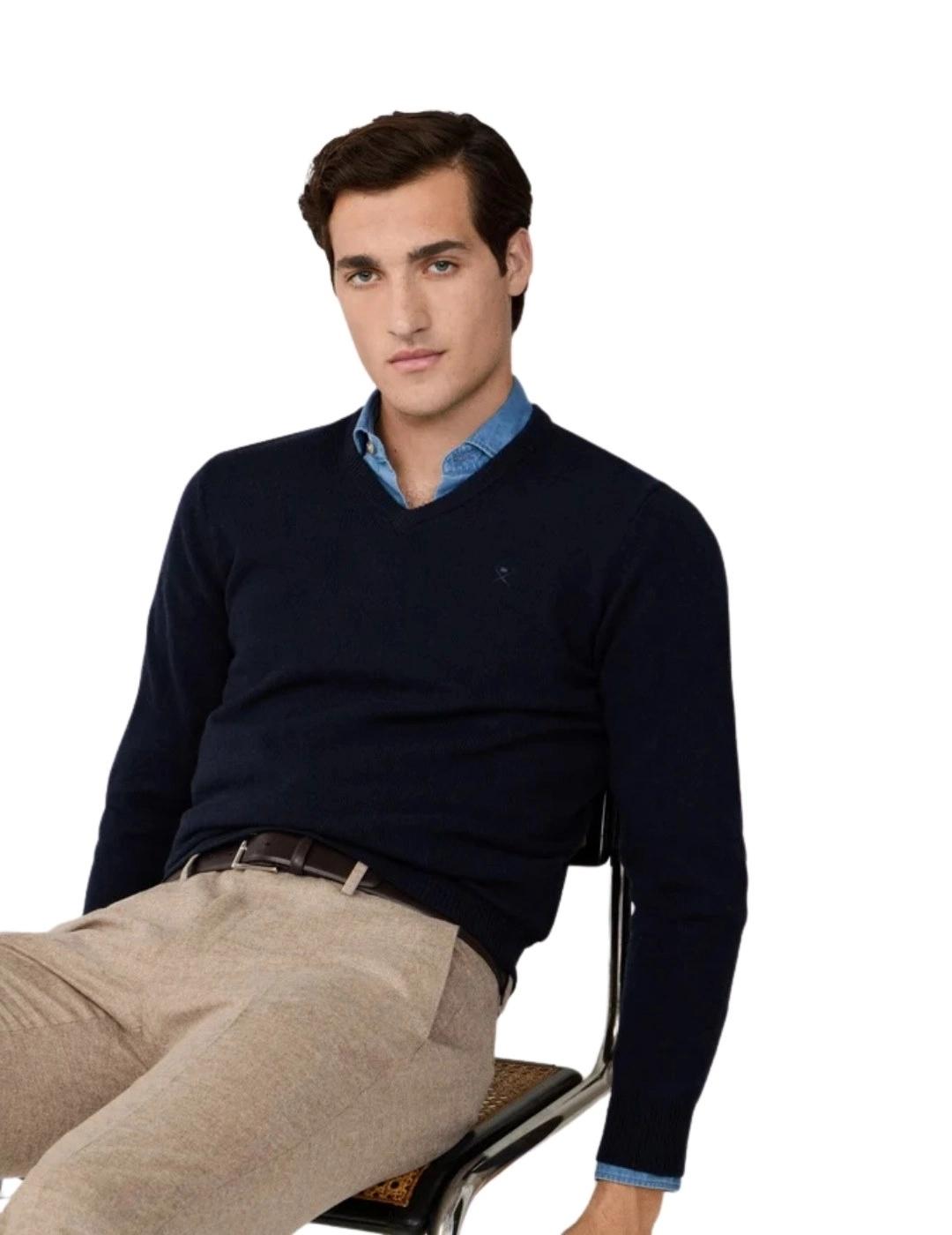 Hackett Jersey de lana cuello pico Azul medianoche