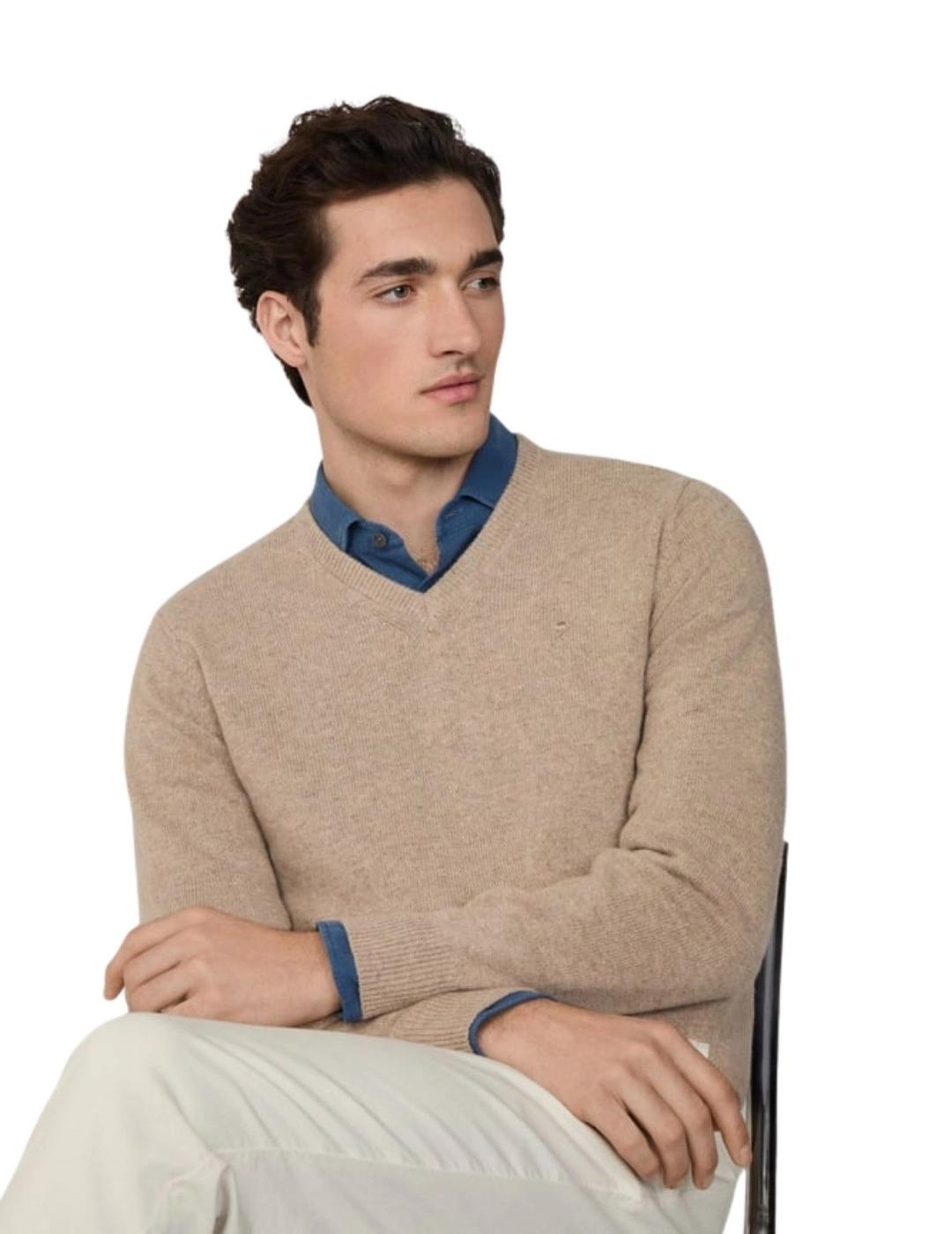 Hackett Jersey de lana cuello pico Beige