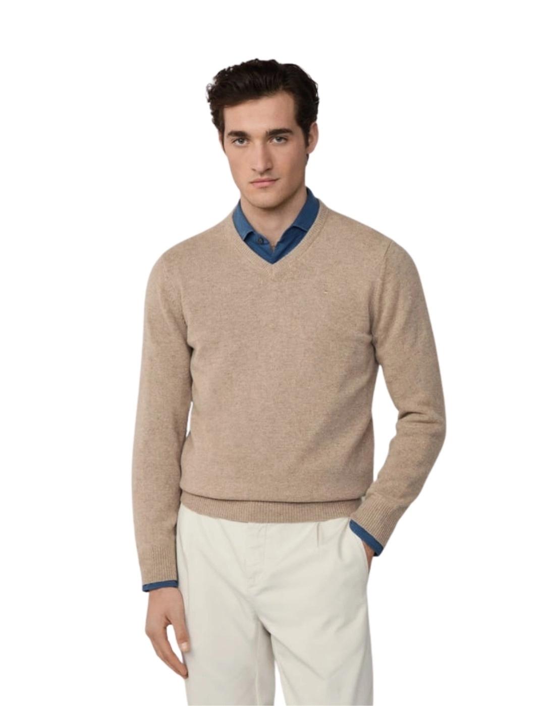 Hackett Jersey de lana cuello pico Camel