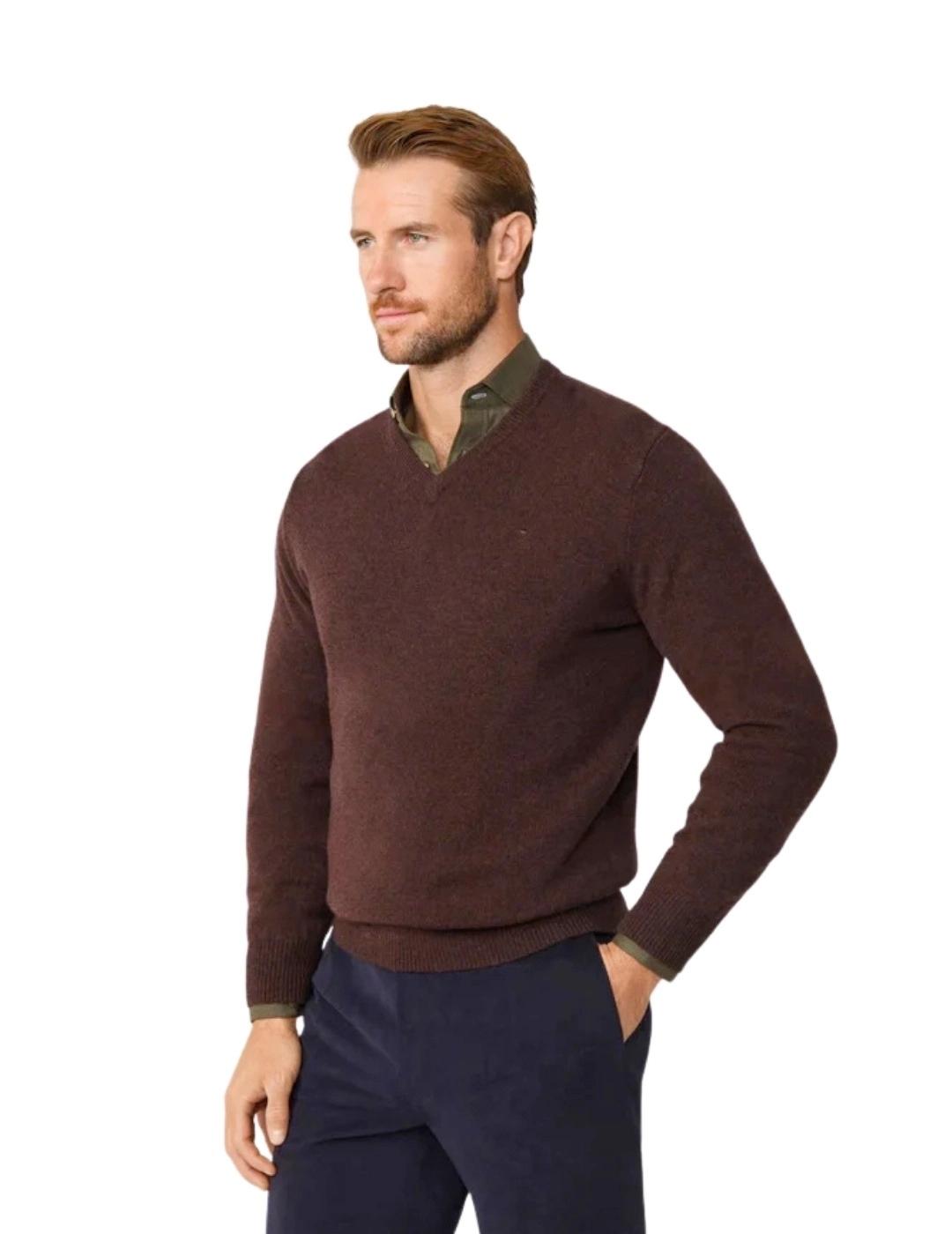 Hackett Jersey de lana cuello pico Marrón oscuro