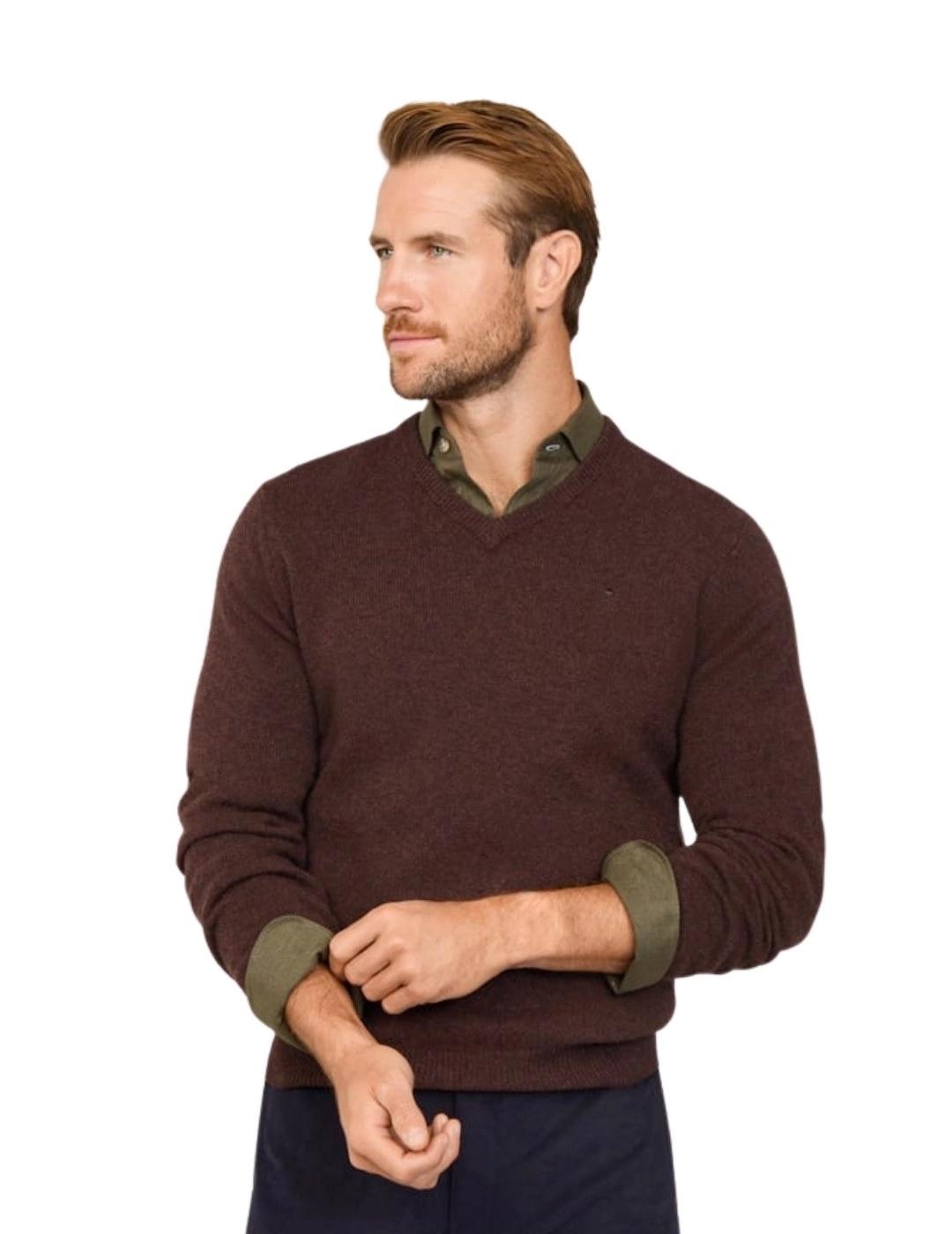 Hackett Jersey de lana cuello pico Marrón oscuro