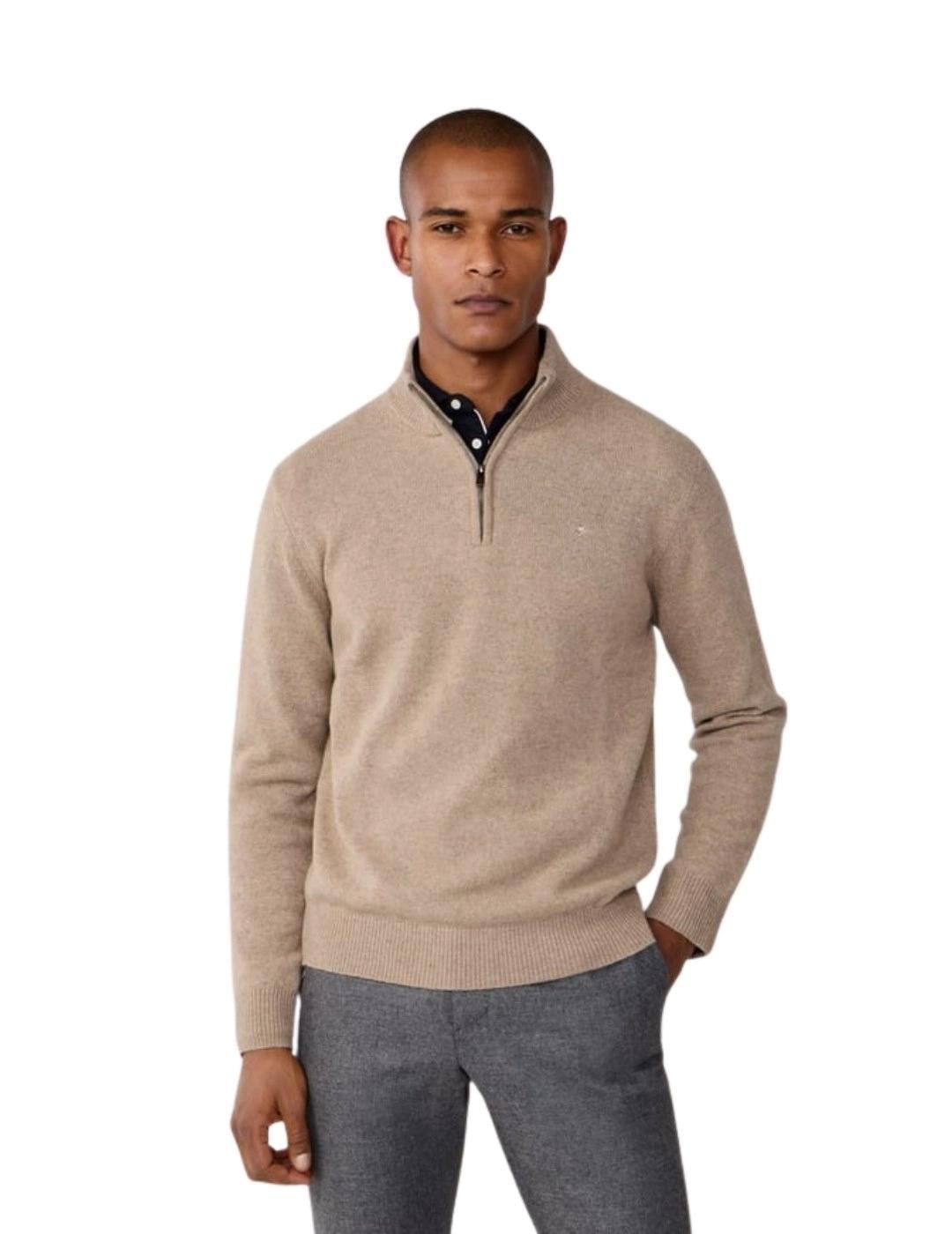 Hackett Jersey de lana media cremallera Beige