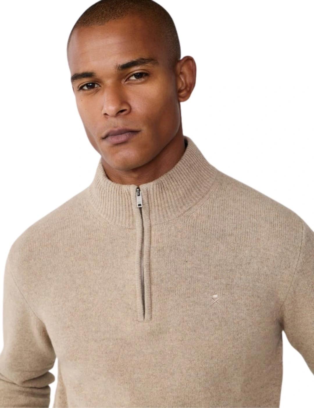Hackett Jersey de lana media cremallera Beige