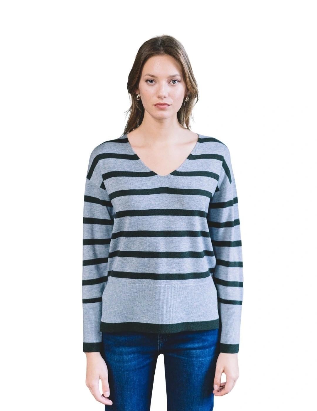 Hongo Jersey gris con rayas verde oscuro