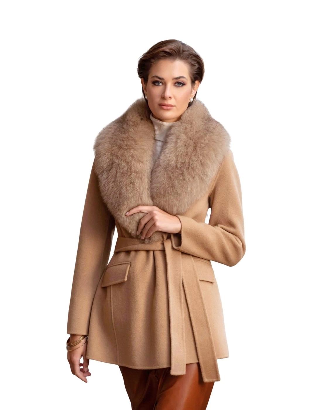 Locoluxo Abrigo Camel con cuello de pelo