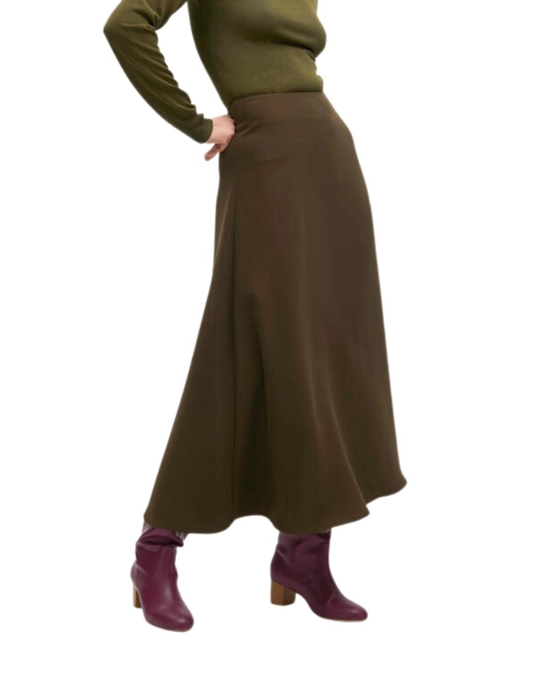 Lola Casademunt Falda Midi Crepe Evase Verde Kaki