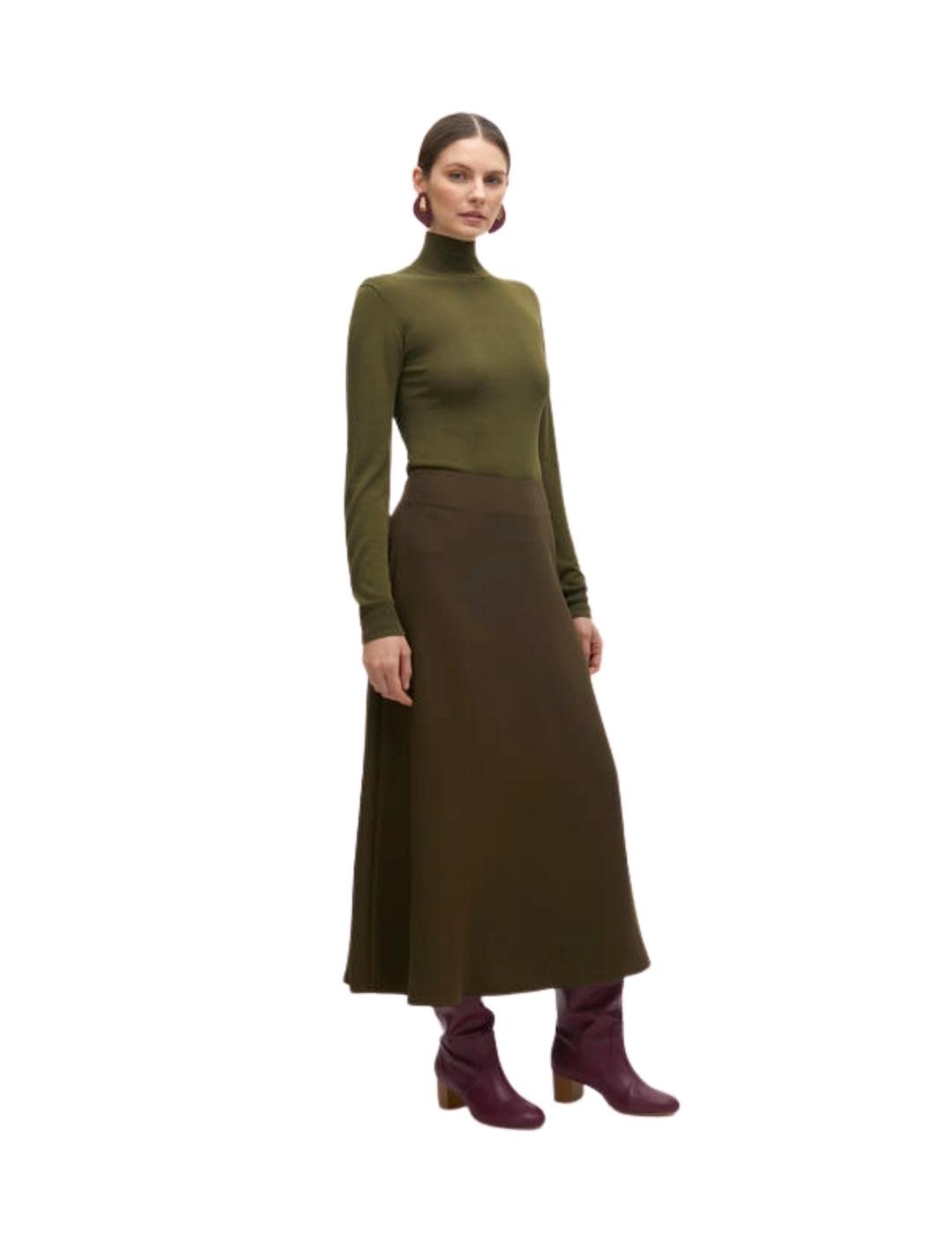 Lola Casademunt Falda Midi Crepe Evase Verde Kaki