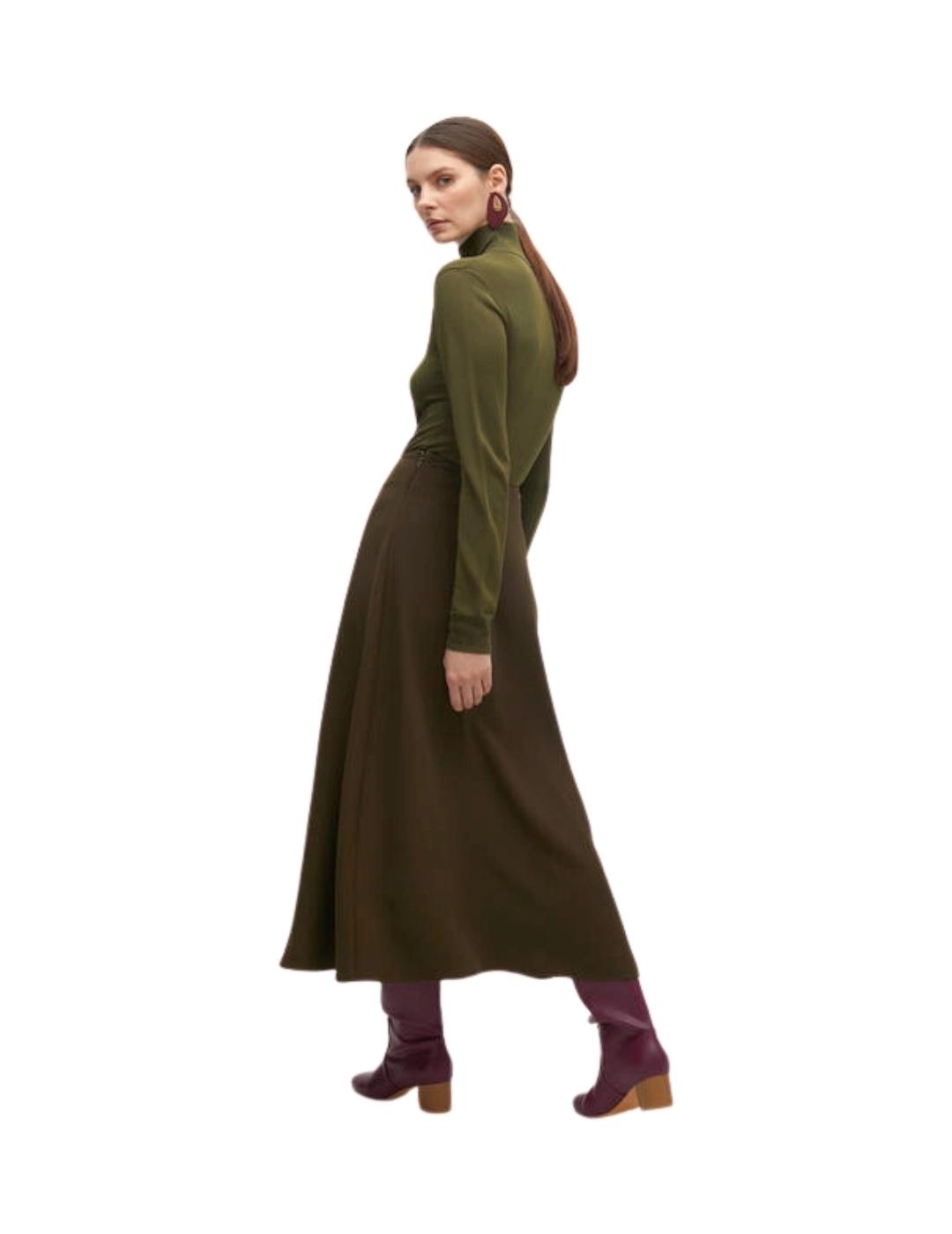 Lola Casademunt Falda Midi Crepe Evase Verde Kaki