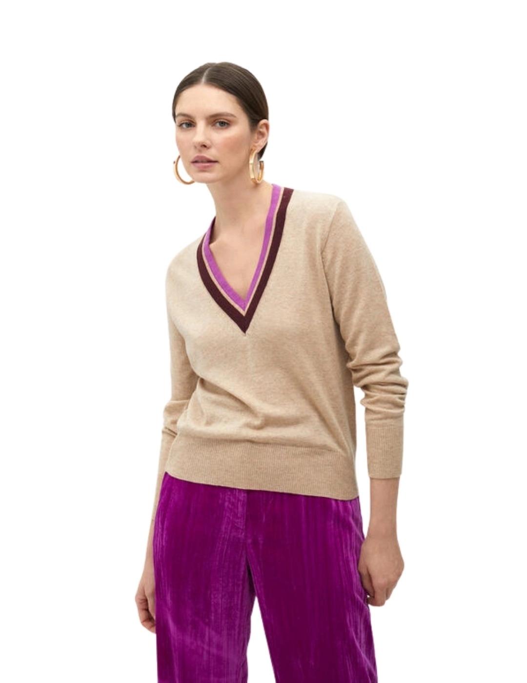 Lola Casademunt Jersey Cuello Bicolor Crudo Rosa